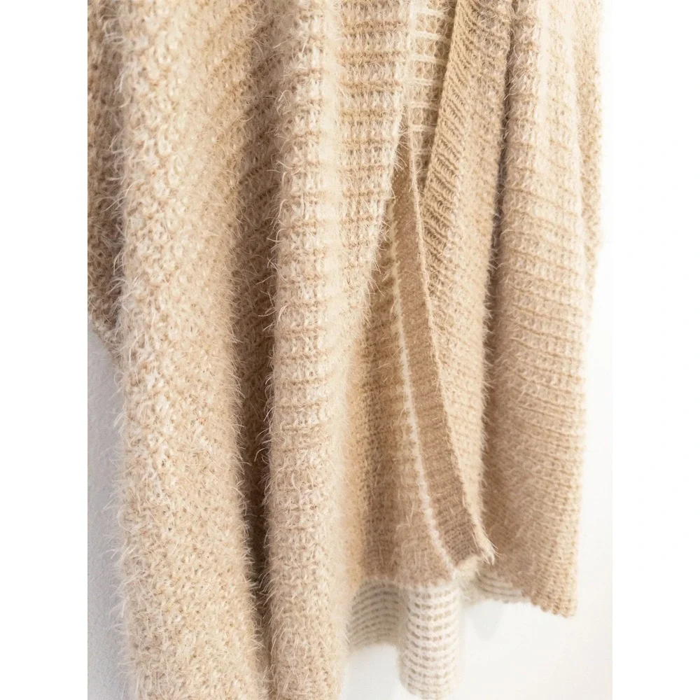 Simply Noelle Fuzzy Knit Shawl Women One Size Tan Neutral Bohemian Warm Cozy